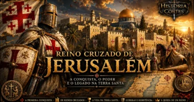Capa ilustrada do Reino Cruzado de Jerusalém mostrando cavaleiros cruzados diante das muralhas da cidade santa durante o período das Cruzadas.