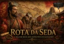 Ilustração da Rota da Seda mostrando caravanas atravessando a Ásia, mercados orientais, arquitetura chinesa e o percurso comercial que conectava China, Pérsia, Índia e o Mediterrâneo.