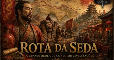Ilustração da Rota da Seda mostrando caravanas atravessando a Ásia, mercados orientais, arquitetura chinesa e o percurso comercial que conectava China, Pérsia, Índia e o Mediterrâneo.
