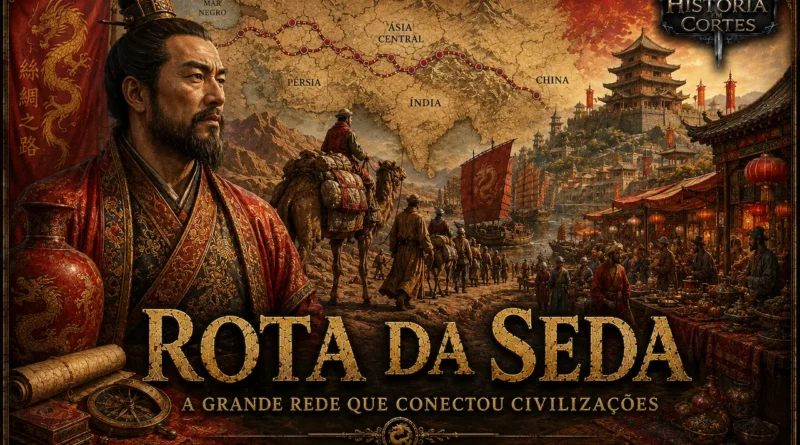 Ilustração da Rota da Seda mostrando caravanas atravessando a Ásia, mercados orientais, arquitetura chinesa e o percurso comercial que conectava China, Pérsia, Índia e o Mediterrâneo.