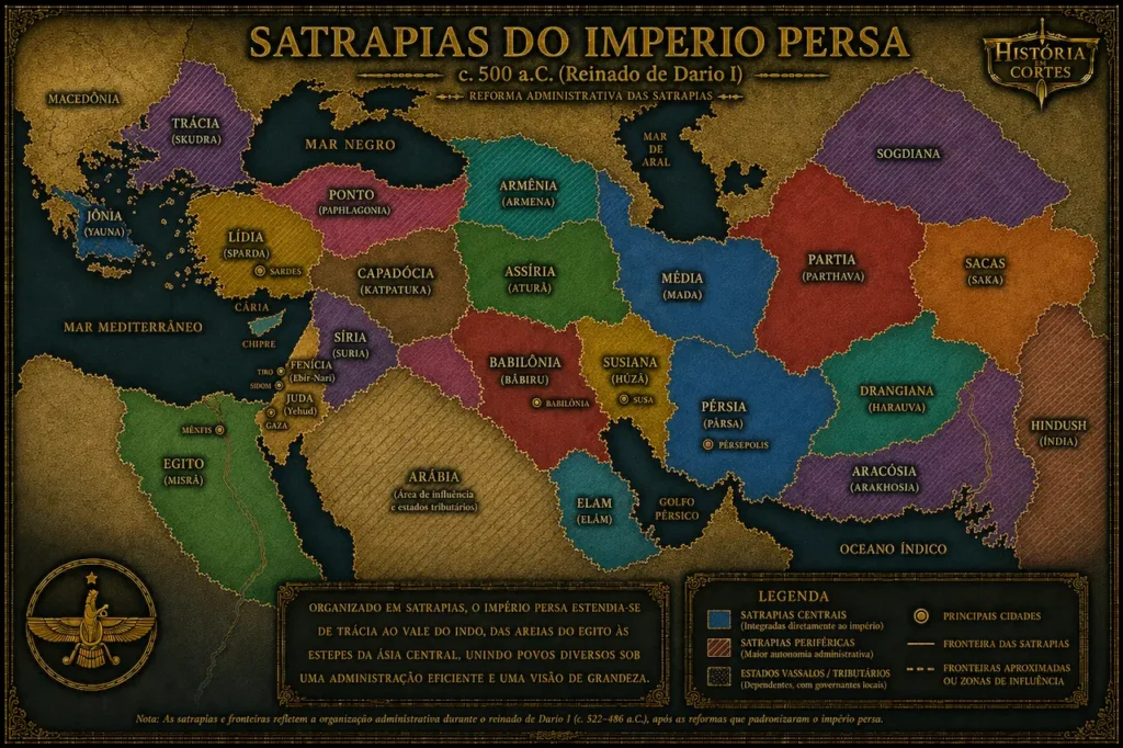 Mapa histórico das satrapias do Império Persa Aquemênida durante o reinado de Dario I, por volta de 500 a.C., mostrando as divisões administrativas do império, principais cidades, estados tributários e áreas de influência, com destaque para regiões como Pérsia, Média, Babilônia, Egito, Lídia, Armênia, Pártia, Sogdiana e Hindush.