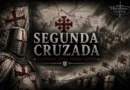 Cavaleiro cruzado diante de Jerusalém durante a Segunda Cruzada, com exércitos, bandeiras cristãs e mapa da rota dos cruzados rumo à Terra Santa.