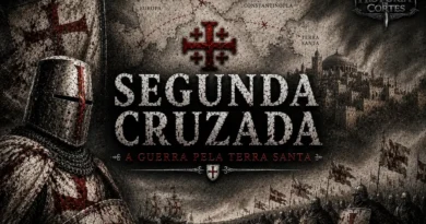 Cavaleiro cruzado diante de Jerusalém durante a Segunda Cruzada, com exércitos, bandeiras cristãs e mapa da rota dos cruzados rumo à Terra Santa.