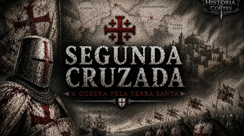 Cavaleiro cruzado diante de Jerusalém durante a Segunda Cruzada, com exércitos, bandeiras cristãs e mapa da rota dos cruzados rumo à Terra Santa.