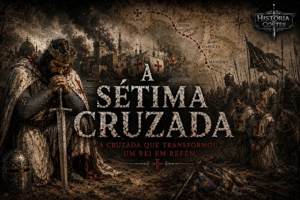 Ilustração histórica da Sétima Cruzada mostrando o rei Luís IX da França ajoelhado no Egito após a derrota em Mansurá, com a cidade de Damieta ao fundo, cavaleiros cruzados capturados e um mapa da rota da expedição. Arte no estilo História em Cortes.