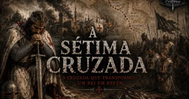 Ilustração histórica da Sétima Cruzada mostrando o rei Luís IX da França ajoelhado no Egito após a derrota em Mansurá, com a cidade de Damieta ao fundo, cavaleiros cruzados capturados e um mapa da rota da expedição. Arte no estilo História em Cortes.