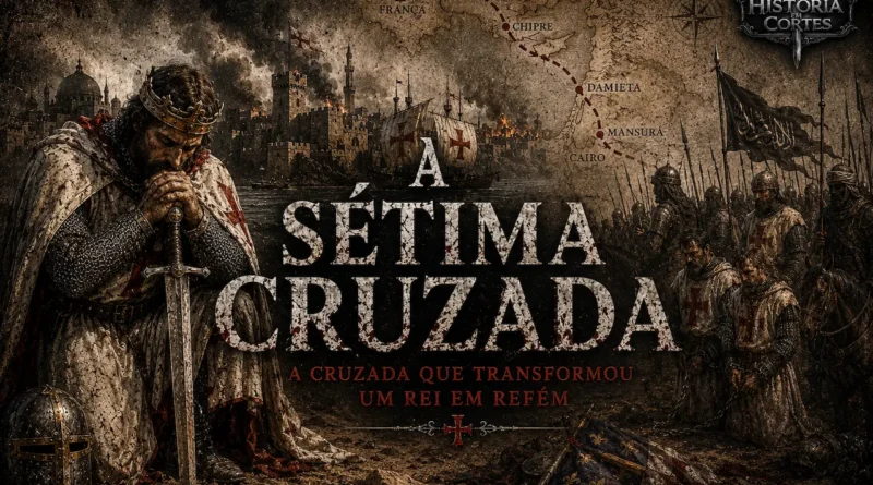 Ilustração histórica da Sétima Cruzada mostrando o rei Luís IX da França ajoelhado no Egito após a derrota em Mansurá, com a cidade de Damieta ao fundo, cavaleiros cruzados capturados e um mapa da rota da expedição. Arte no estilo História em Cortes.