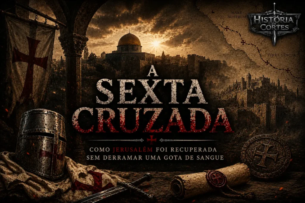 Ilustração da Sexta Cruzada mostrando Jerusalém ao fundo, elementos templários e composição medieval em estilo documental. A cruzada liderada por Frederico II recuperou Jerusalém por meio da diplomacia, sem grandes confrontos militares.