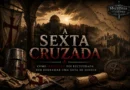 Ilustração da Sexta Cruzada mostrando Jerusalém ao fundo, elementos templários e composição medieval em estilo documental. A cruzada liderada por Frederico II recuperou Jerusalém por meio da diplomacia, sem grandes confrontos militares.