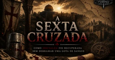 Ilustração da Sexta Cruzada mostrando Jerusalém ao fundo, elementos templários e composição medieval em estilo documental. A cruzada liderada por Frederico II recuperou Jerusalém por meio da diplomacia, sem grandes confrontos militares.
