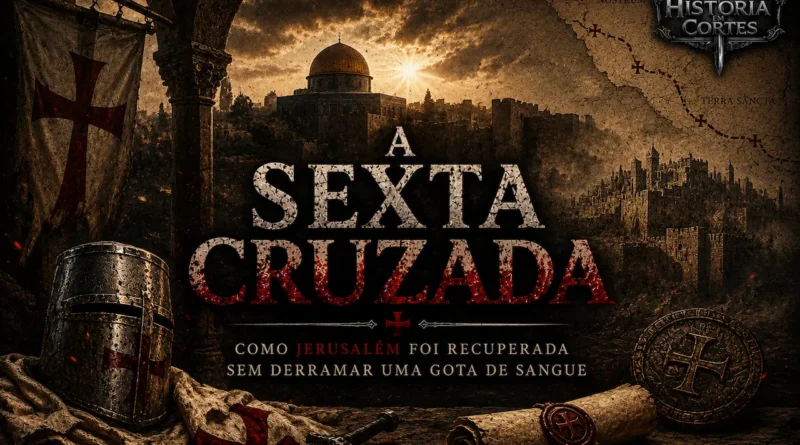 Ilustração da Sexta Cruzada mostrando Jerusalém ao fundo, elementos templários e composição medieval em estilo documental. A cruzada liderada por Frederico II recuperou Jerusalém por meio da diplomacia, sem grandes confrontos militares.