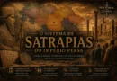 Capa ilustrada sobre o sistema de satrapias do Império Persa, com mapa regional, relevo persa, Persépolis e elementos de administração imperial.