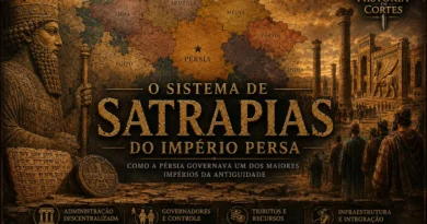 Capa ilustrada sobre o sistema de satrapias do Império Persa, com mapa regional, relevo persa, Persépolis e elementos de administração imperial.