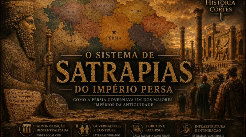 Capa ilustrada sobre o sistema de satrapias do Império Persa, com mapa regional, relevo persa, Persépolis e elementos de administração imperial.