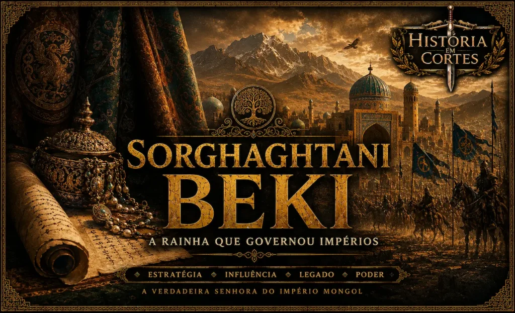 Ilustração editorial de Sorghaghtani Beki, a influente matriarca do Império Mongol, cercada por símbolos de poder, manuscritos e referências à Ásia Central medieval, em composição cinematográfica no estilo História em Cortes.