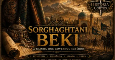 Ilustração editorial de Sorghaghtani Beki, a influente matriarca do Império Mongol, cercada por símbolos de poder, manuscritos e referências à Ásia Central medieval, em composição cinematográfica no estilo História em Cortes.