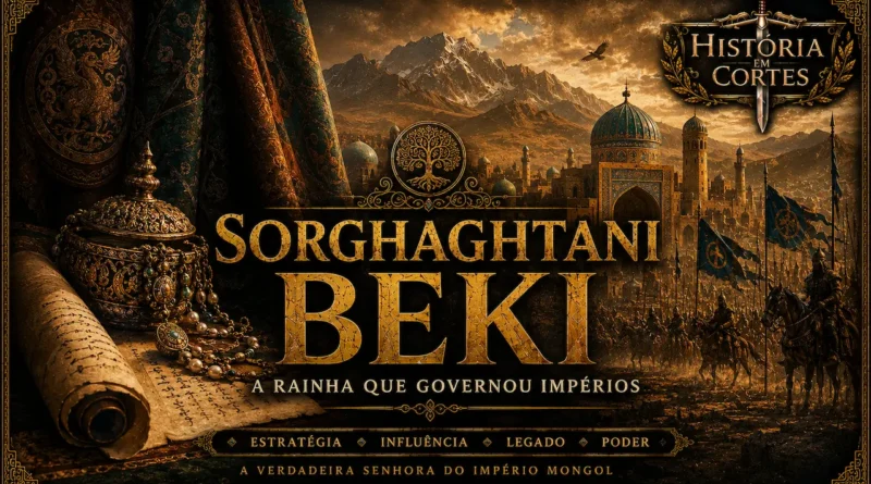 Ilustração editorial de Sorghaghtani Beki, a influente matriarca do Império Mongol, cercada por símbolos de poder, manuscritos e referências à Ásia Central medieval, em composição cinematográfica no estilo História em Cortes.
