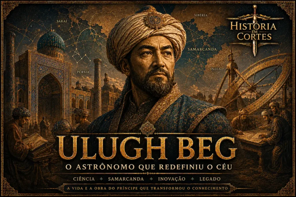 Ilustração histórica de Ulugh Beg em Samarcanda, com observatório astronômico, mapas celestes e arquitetura timúrida ao fundo. Cientista, matemático e governante do Império Timurida.