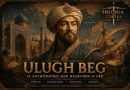 Ilustração histórica de Ulugh Beg em Samarcanda, com observatório astronômico, mapas celestes e arquitetura timúrida ao fundo. Cientista, matemático e governante do Império Timurida.