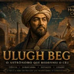 Ilustração histórica de Ulugh Beg em Samarcanda, com observatório astronômico, mapas celestes e arquitetura timúrida ao fundo. Cientista, matemático e governante do Império Timurida.
