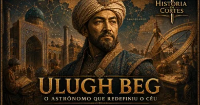 Ilustração histórica de Ulugh Beg em Samarcanda, com observatório astronômico, mapas celestes e arquitetura timúrida ao fundo. Cientista, matemático e governante do Império Timurida.