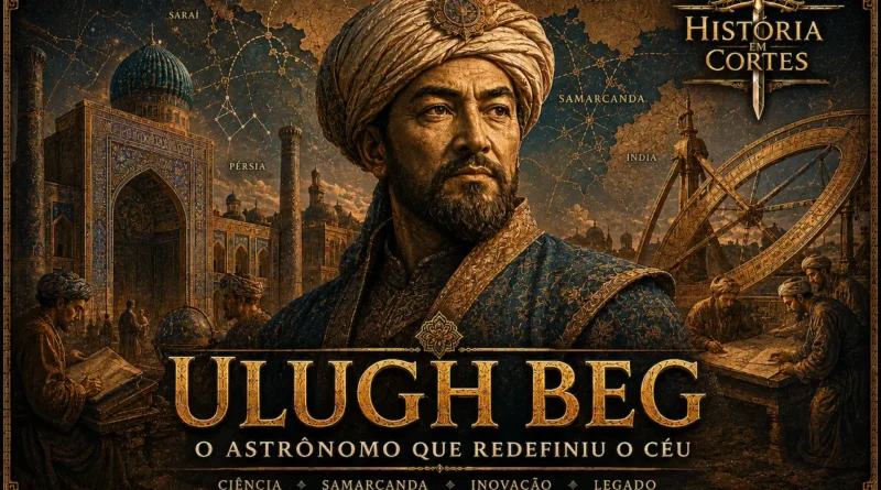 Ilustração histórica de Ulugh Beg em Samarcanda, com observatório astronômico, mapas celestes e arquitetura timúrida ao fundo. Cientista, matemático e governante do Império Timurida.