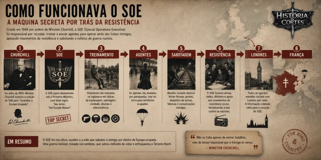 Infográfico mostrando como funcionava o SOE (Special Operations Executive), desde sua criação por Winston Churchill até o treinamento de agentes, sabotagem e apoio à resistência durante a Segunda Guerra Mundial.