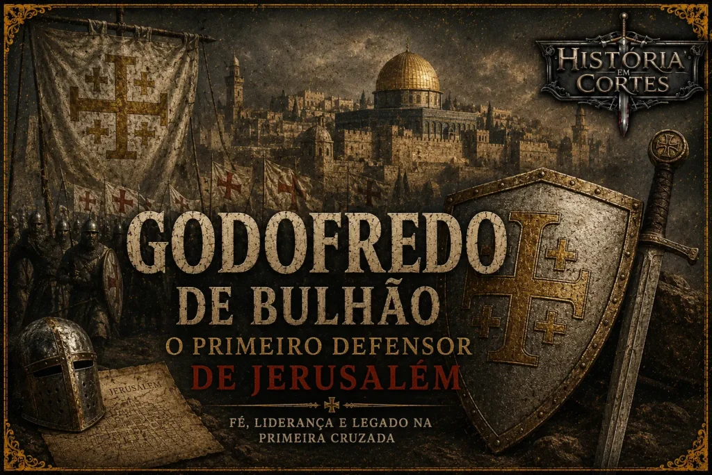 Godofredo de Bulhão diante de Jerusalém durante a Primeira Cruzada, capa do artigo História em Cortes.
