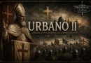 Papa Urbano II discursando diante da cristandade e convocando a Primeira Cruzada, com Jerusalém ao fundo e cavaleiros cruzados reunidos.