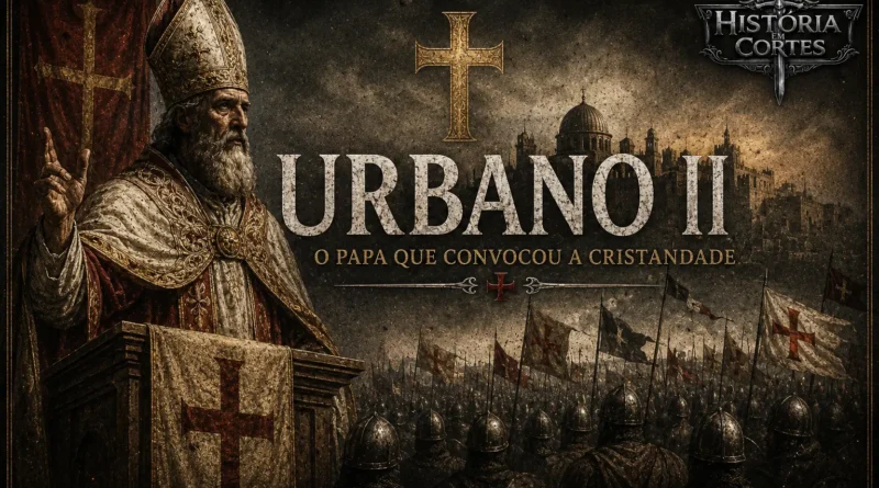 Papa Urbano II discursando diante da cristandade e convocando a Primeira Cruzada, com Jerusalém ao fundo e cavaleiros cruzados reunidos.