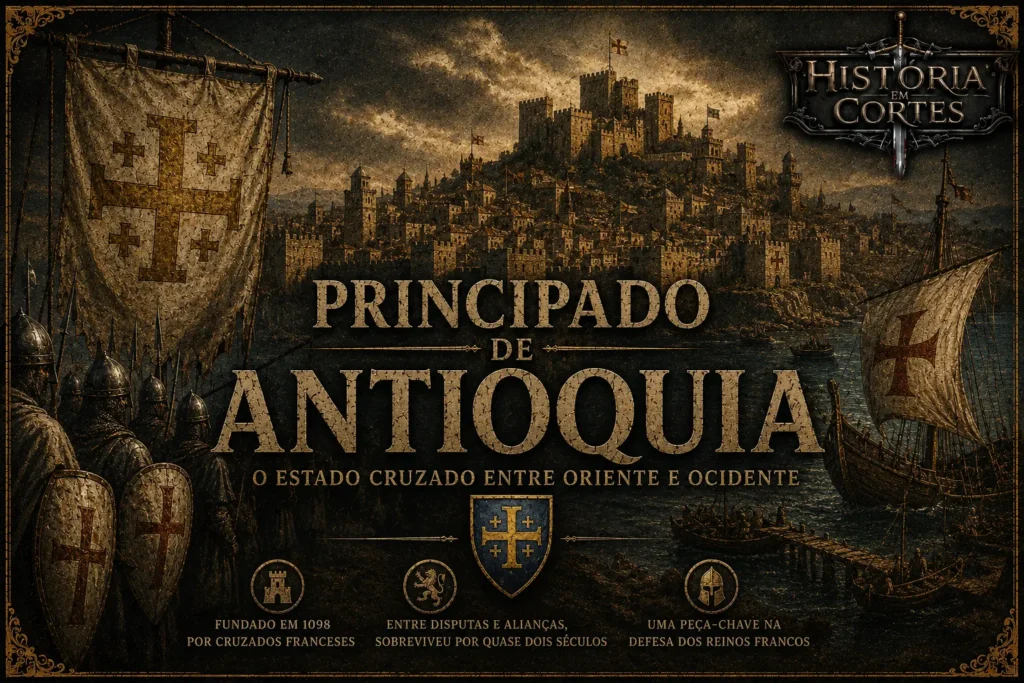 Ilustração cinematográfica do Principado de Antioquia durante as Cruzadas, mostrando uma cidade fortificada medieval, cavaleiros francos, estandartes cruzados, navios no porto e a identidade visual do História em Cortes.