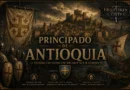 Ilustração cinematográfica do Principado de Antioquia durante as Cruzadas, mostrando uma cidade fortificada medieval, cavaleiros francos, estandartes cruzados, navios no porto e a identidade visual do História em Cortes.