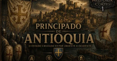 Ilustração cinematográfica do Principado de Antioquia durante as Cruzadas, mostrando uma cidade fortificada medieval, cavaleiros francos, estandartes cruzados, navios no porto e a identidade visual do História em Cortes.