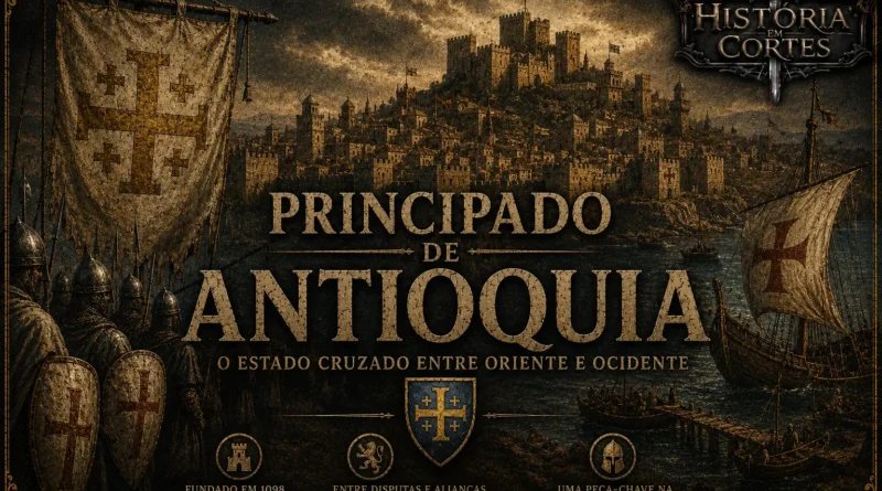Ilustração cinematográfica do Principado de Antioquia durante as Cruzadas, mostrando uma cidade fortificada medieval, cavaleiros francos, estandartes cruzados, navios no porto e a identidade visual do História em Cortes.