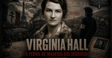 Ilustração de Virginia Hall, agente do SOE e da OSS durante a Segunda Guerra Mundial, retratada em composição cinematográfica com rádio clandestino, mapa da França ocupada e símbolos da Resistência Francesa.