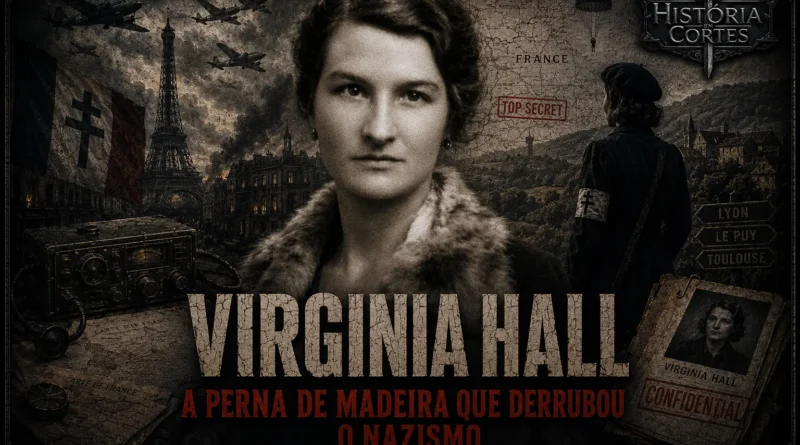 Ilustração de Virginia Hall, agente do SOE e da OSS durante a Segunda Guerra Mundial, retratada em composição cinematográfica com rádio clandestino, mapa da França ocupada e símbolos da Resistência Francesa.