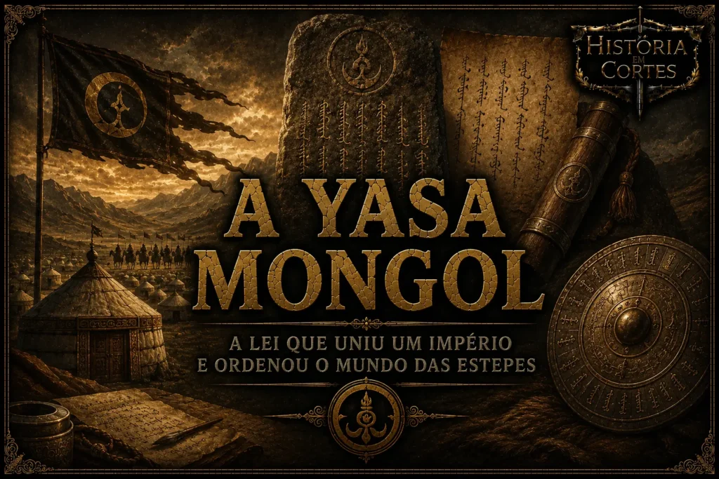 Capa do artigo sobre a Yasa Mongol, o código de leis atribuído a Gêngis Khan que organizou o Império Mongol e estabeleceu normas políticas, militares e sociais nas estepes da Ásia.