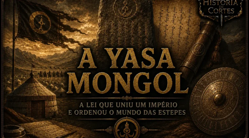 Capa do artigo sobre a Yasa Mongol, o código de leis atribuído a Gêngis Khan que organizou o Império Mongol e estabeleceu normas políticas, militares e sociais nas estepes da Ásia.