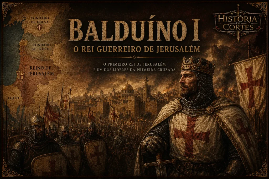 Balduíno I, primeiro rei de Jerusalém, representado diante da cidade durante o período das Cruzadas
