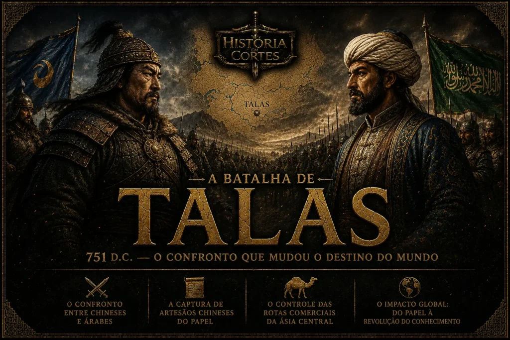 Ilustração da Batalha de Talas (751), mostrando o confronto entre a Dinastia Tang da China e o Califado Abássida na Ásia Central, com destaque para o impacto histórico da batalha.