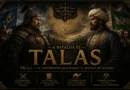 Ilustração da Batalha de Talas (751), mostrando o confronto entre a Dinastia Tang da China e o Califado Abássida na Ásia Central, com destaque para o impacto histórico da batalha.