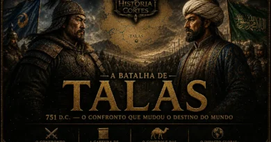 Ilustração da Batalha de Talas (751), mostrando o confronto entre a Dinastia Tang da China e o Califado Abássida na Ásia Central, com destaque para o impacto histórico da batalha.