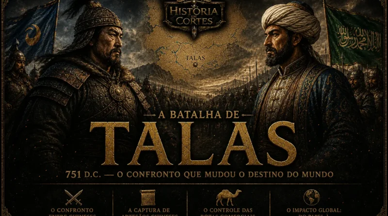 Ilustração da Batalha de Talas (751), mostrando o confronto entre a Dinastia Tang da China e o Califado Abássida na Ásia Central, com destaque para o impacto histórico da batalha.