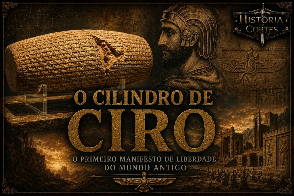 Capa ilustrada sobre o Cilindro de Ciro, artefato do Império Persa associado às políticas de Ciro, o Grande, após a conquista da Babilônia.
