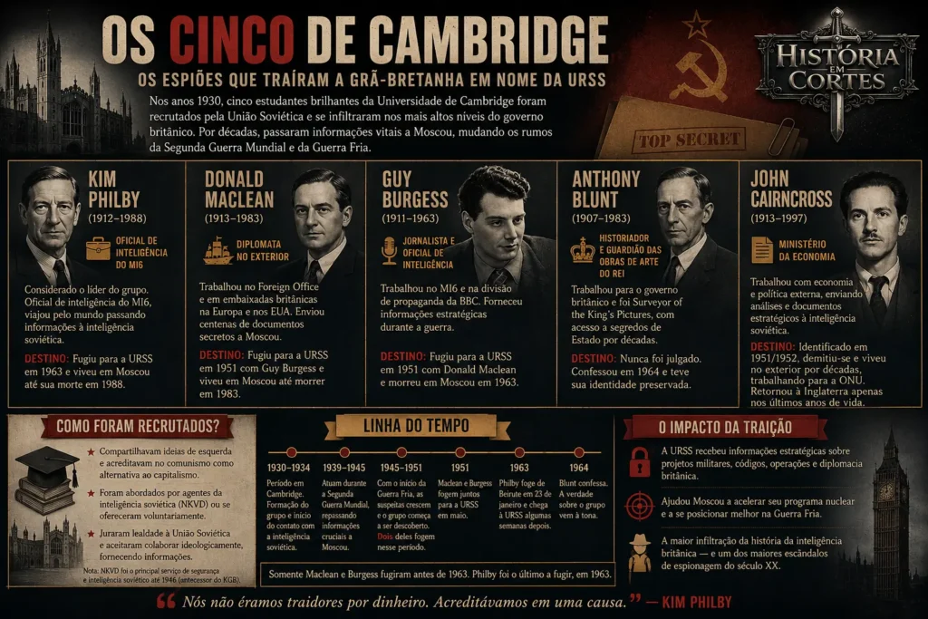 Infográfico sobre os Cinco de Cambridge, grupo formado por Kim Philby, Donald Maclean, Guy Burgess, Anthony Blunt e John Cairncross.