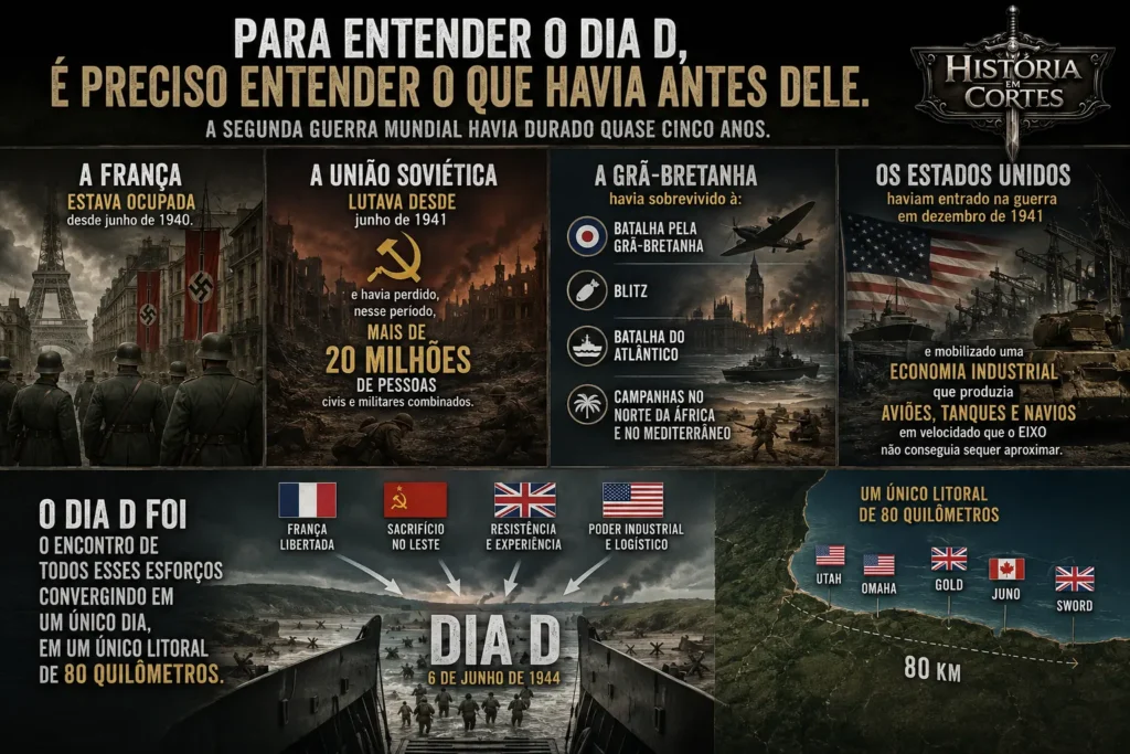 Infográfico sobre o contexto do Dia D, mostrando a ocupação da França, a guerra na União Soviética, a resistência britânica e a mobilização industrial dos Estados Unidos antes do desembarque na Normandia.