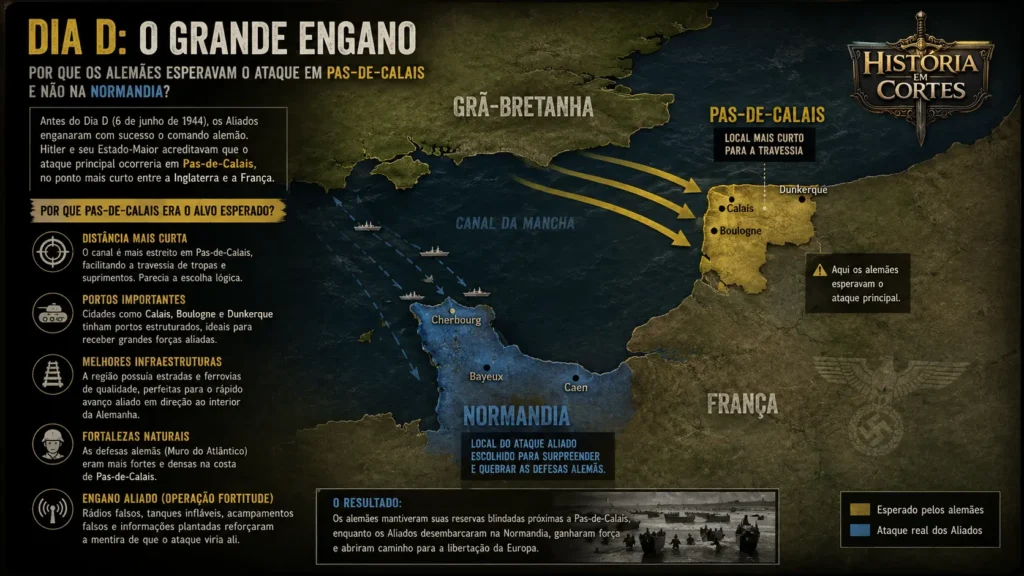 Mapa do Dia D mostrando Pas-de-Calais, a Grã-Bretanha e a Normandia e por que os alemães esperavam a invasão em Calais.