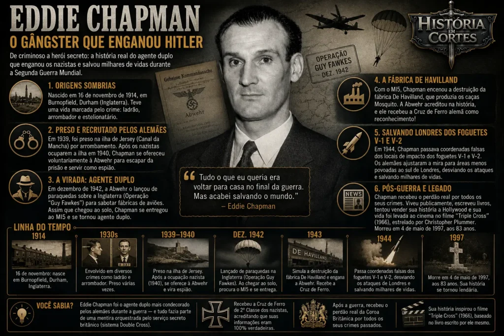 Infográfico sobre Eddie Chapman, o Agente Zigzag, espião britânico que atuou como agente duplo contra a Alemanha Nazista durante a Segunda Guerra Mundial.