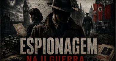 Capa sobre espionagem na Segunda Guerra Mundial com agentes secretos, documentos confidenciais e equipamentos de inteligência.