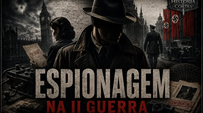 Capa sobre espionagem na Segunda Guerra Mundial com agentes secretos, documentos confidenciais e equipamentos de inteligência.